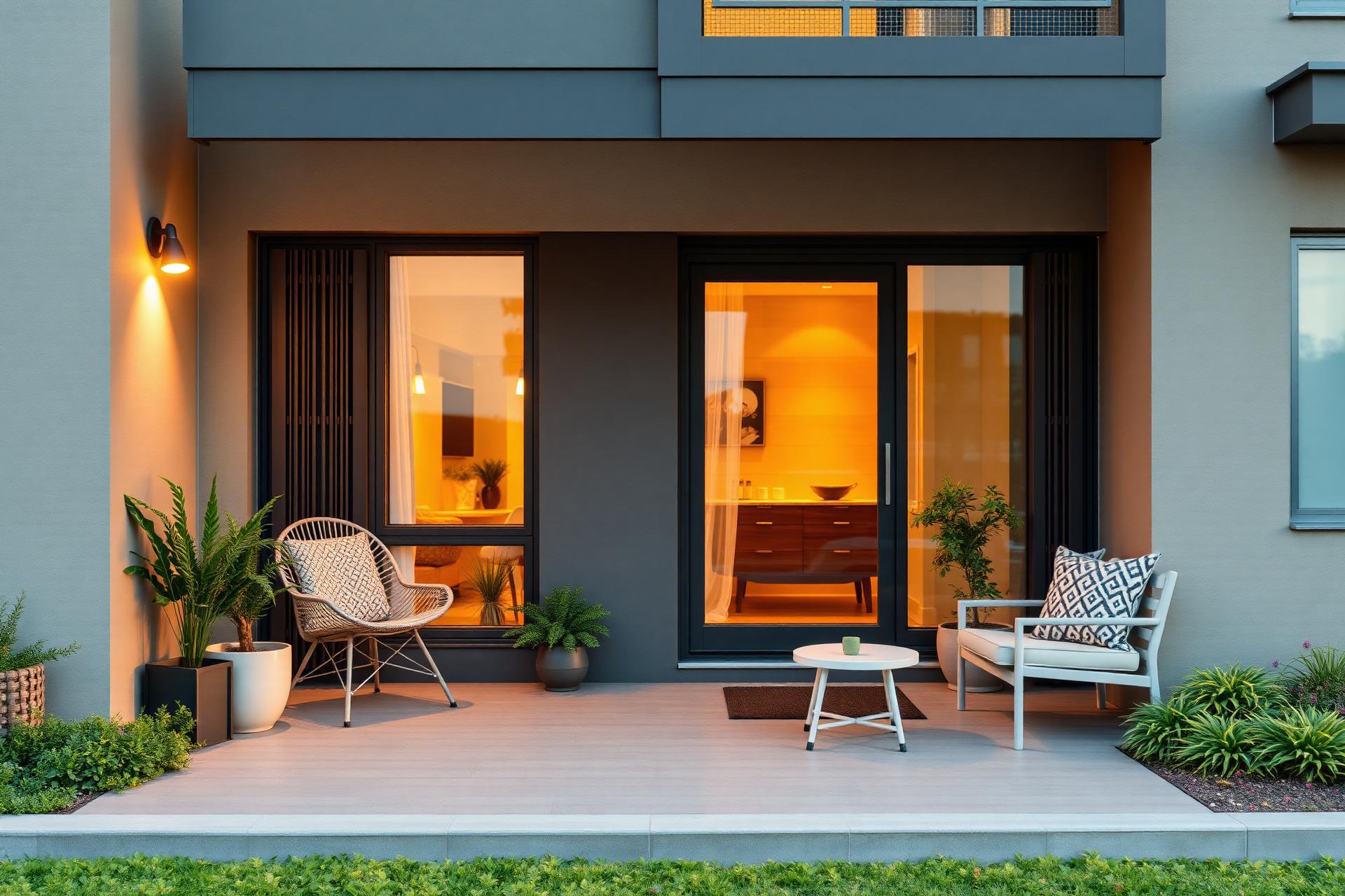 A warm welcoming apartment exterior at golden hour